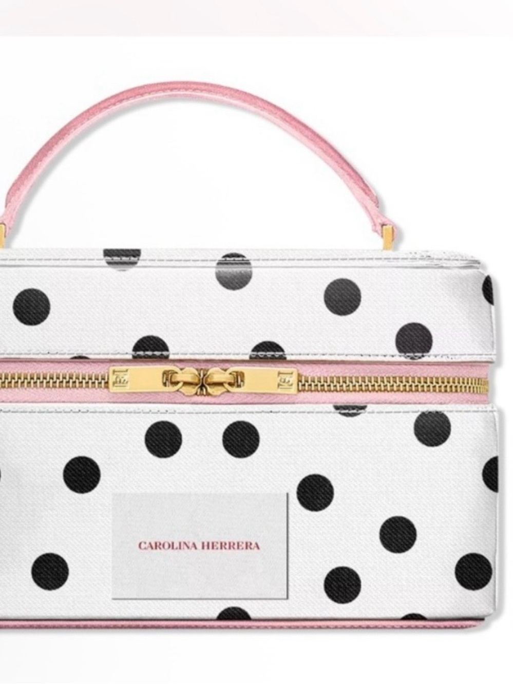 Carolina Herrera White Polka Dot Cosmetic Case with Pink Trim & Mini. New